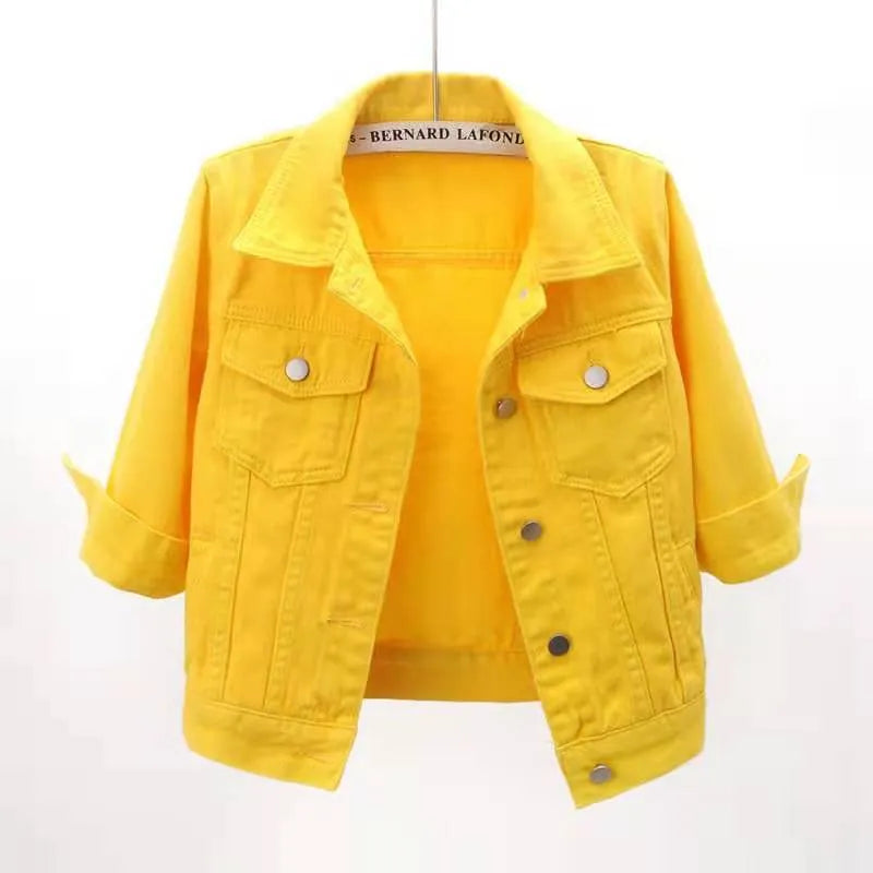 Plus size full-length cropped denim jacket from Trendsi, showing the classic blue denim fabric and stylish fit.