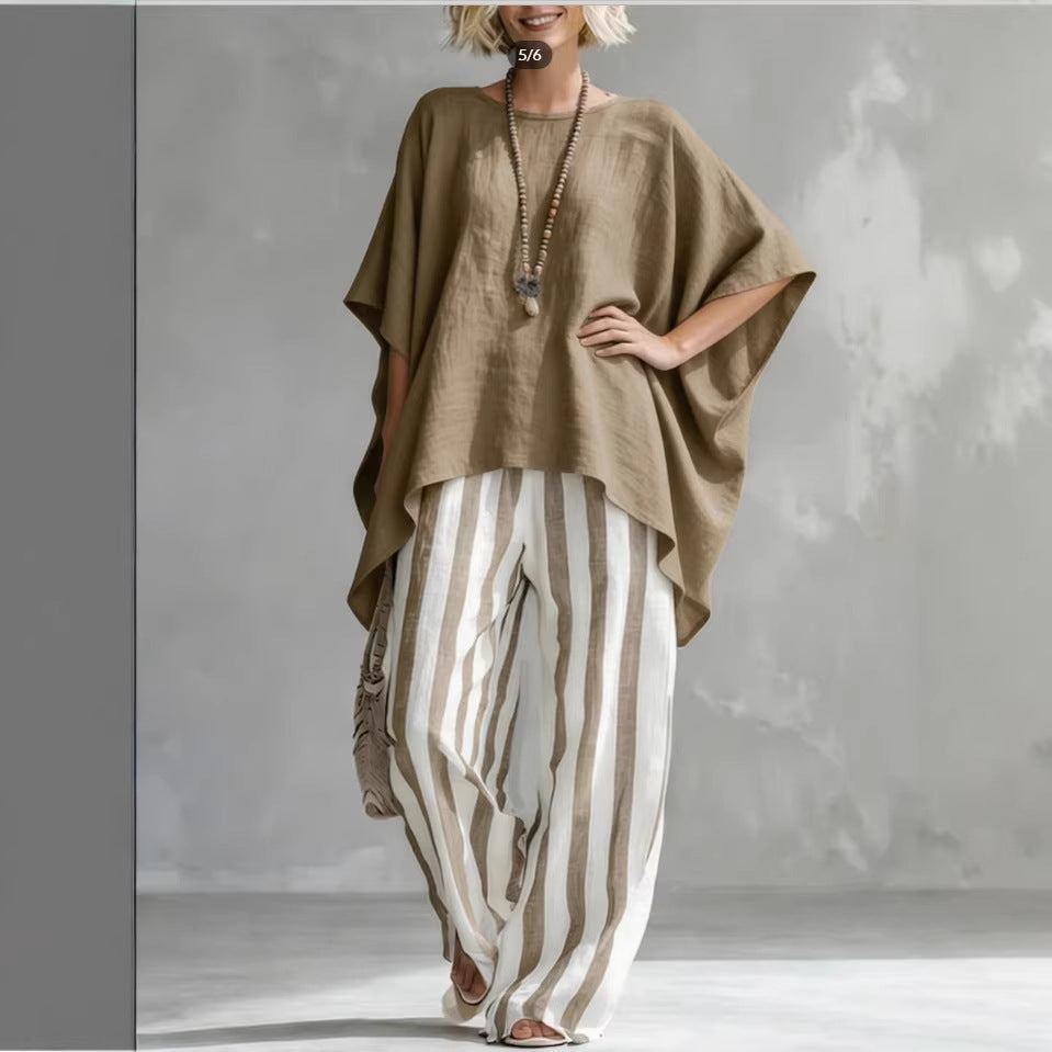 Women's striped batwing-sleeve linen two-piece set from Plush Fashion Hub, casualwear with relaxed fit and loose linen fabric.