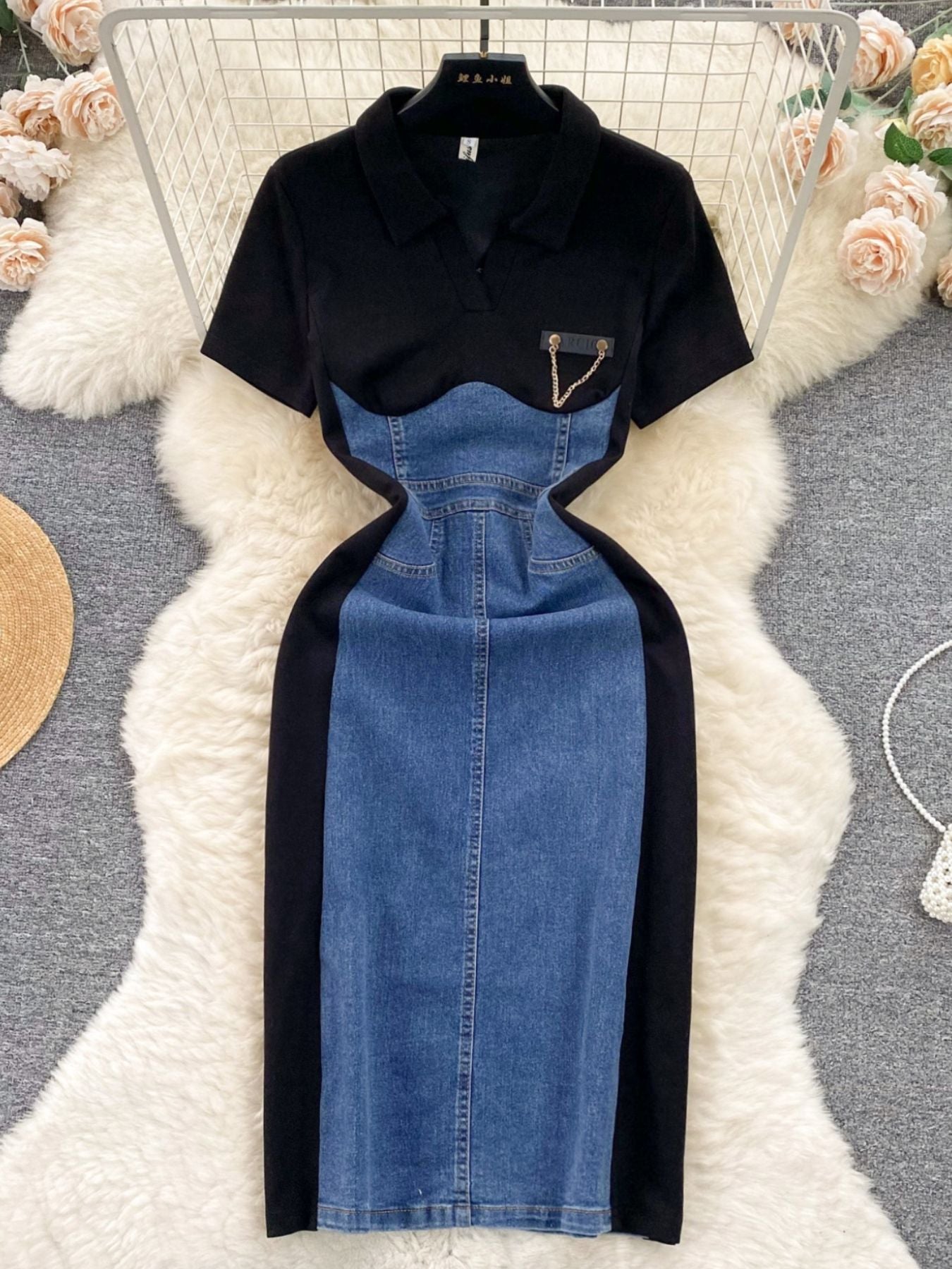 Color block denim patchwork bodycon mini dress from Plush Fashion Hub, featuring vibrant patchwork design and fitted silhouette.