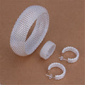 Set of retro net bracelet, earrings, and ring featuring intricate designs, perfect for vintage-inspired jewelry styles.