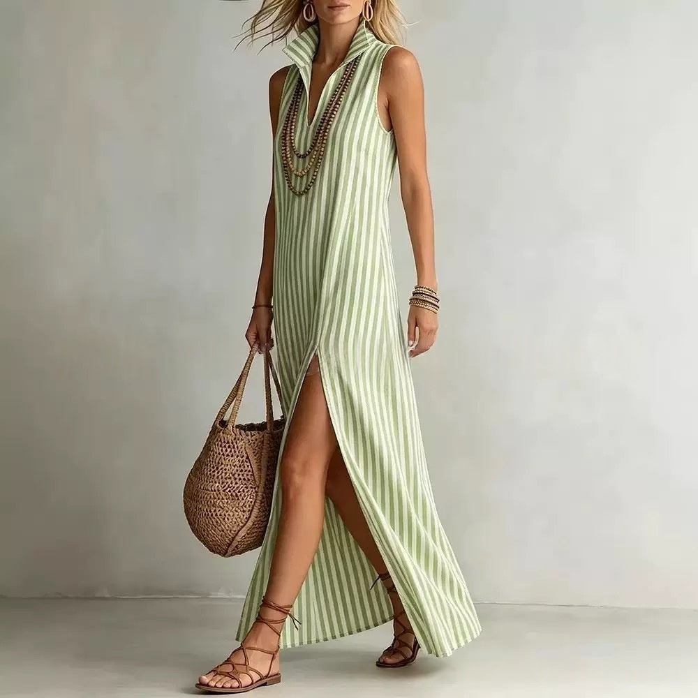 Striped sleeveless maxi dress with stand collar, side slit, and A-line fit by FitiqueFit, casualwear perfect for warm weather.