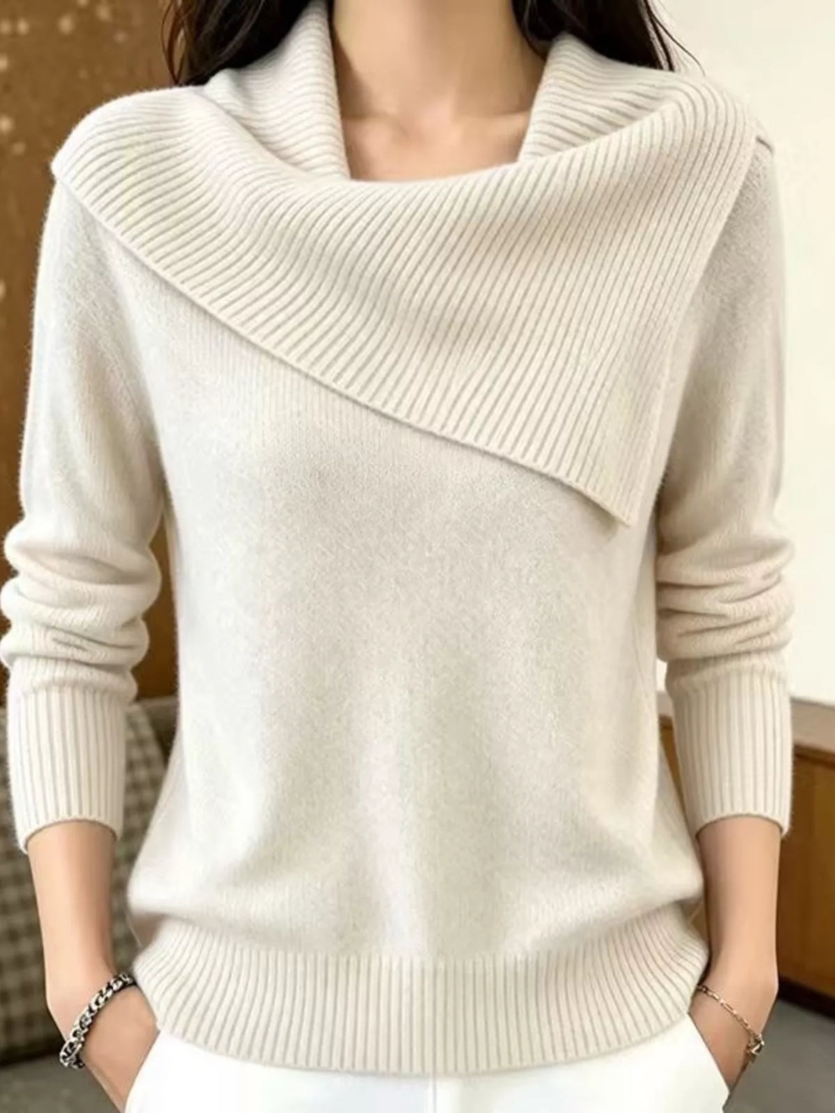 Plus size full-length ribbed collar sweater with asymmetric design from Trendsi, featuring a cozy, stylish fit.