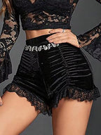 Velvet ruched lace trim shorts by Shopimist featuring soft velvet fabric, delicate lace details, and a stylish ruched design.