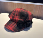 Plush Fashion Hub checkered beret, warm autumn and winter hat, stylish knit headwear with a classic checkered pattern.