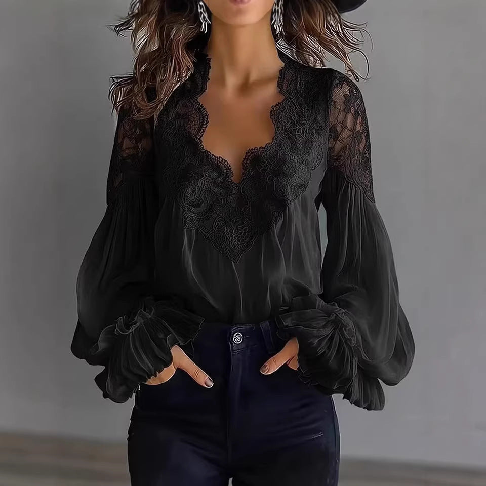 Lace-panel puff sleeve pleated ruffle ballet-style shirt by Plush Fashion Hub, featuring intricate lace details and elegant design.