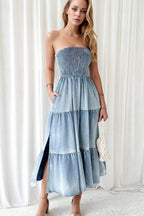 VYSN smocked tube denim dress with slit and tiered design, sleeveless fashion dress for a stylish summer look.