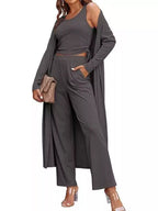 Trendsi loungewear set with round neck tank top, cardigan, and matching pants, styled for comfortable casual wear.