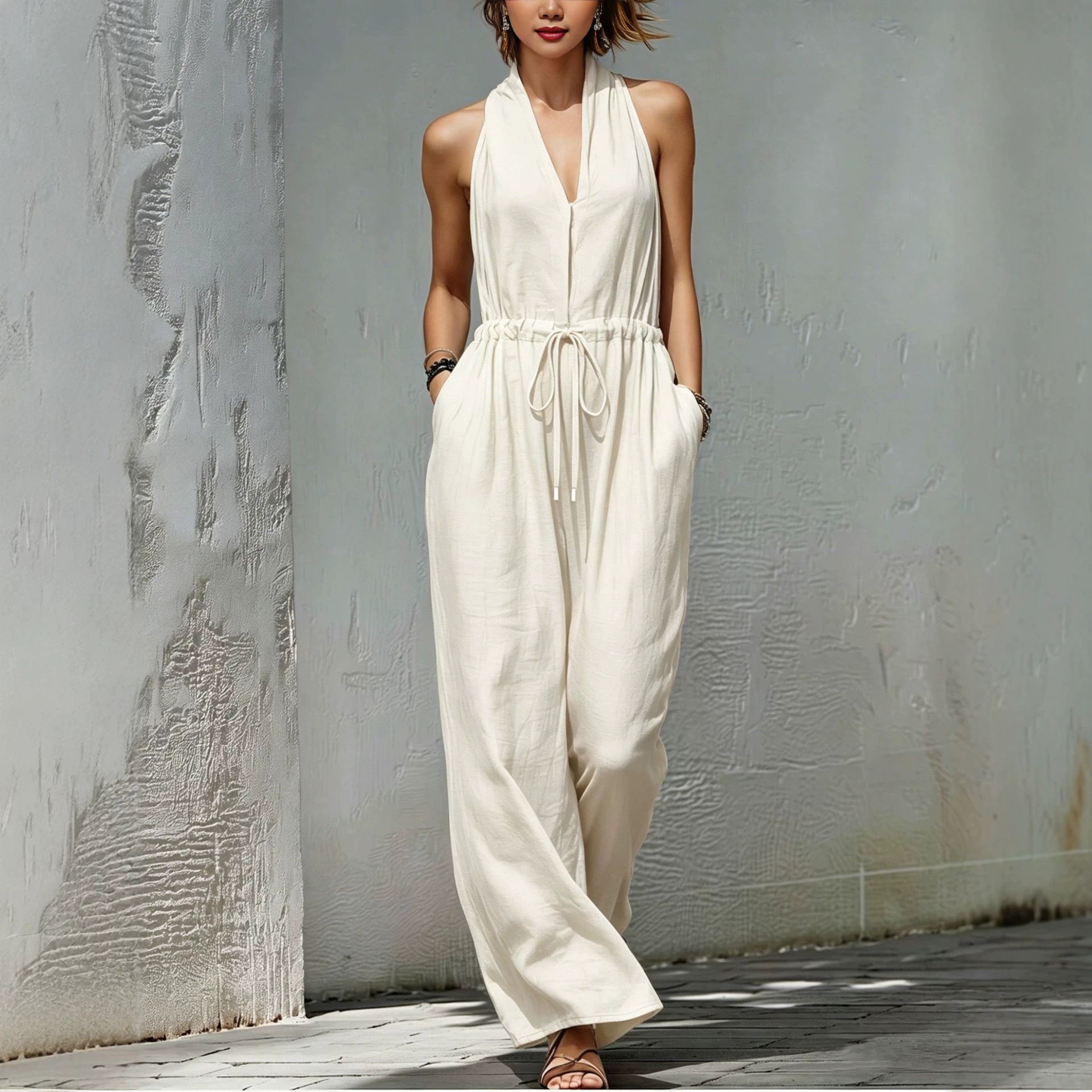 Women's sleeveless halter neck solid color long jumpsuit, casualwear by Plush Fashion Hub, shown in a relaxed fit.