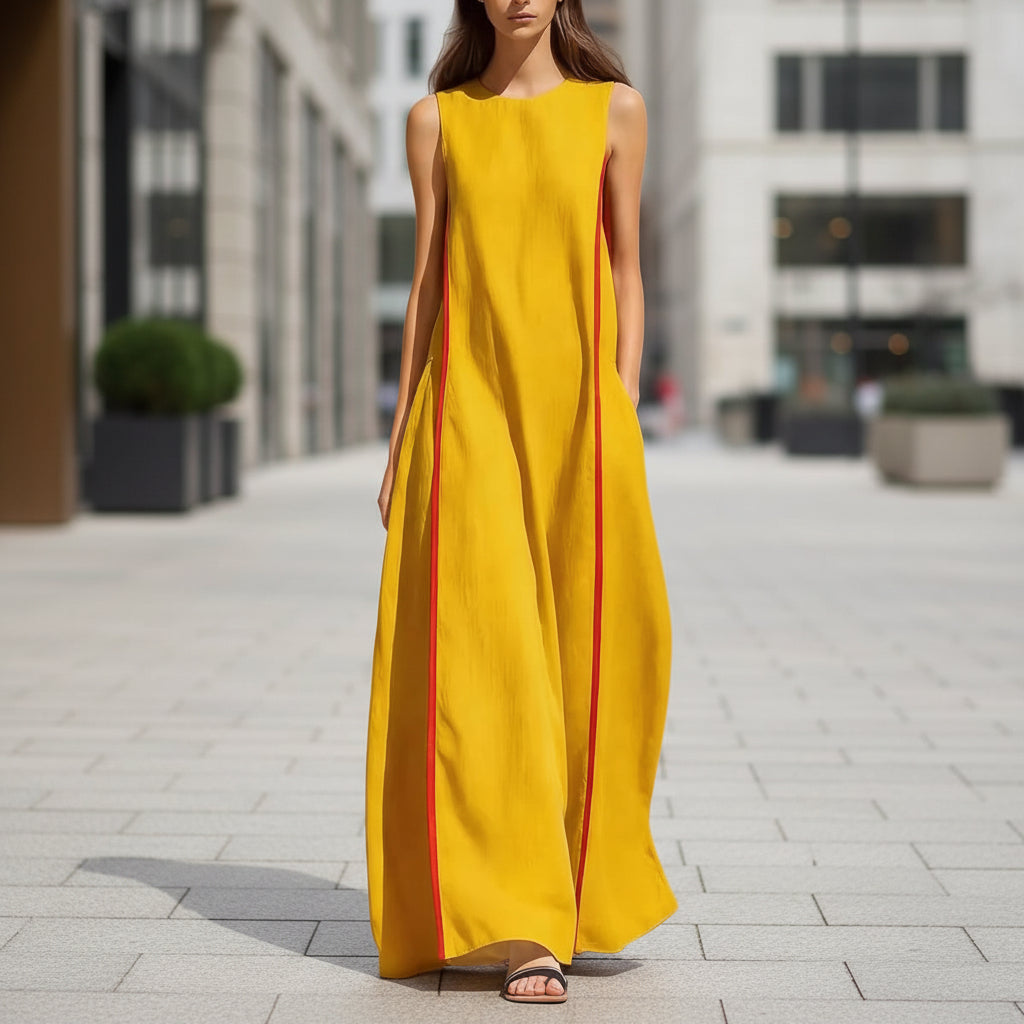 Women's linen sleeveless striped maxi dress by FitiqueFit, casualwear with a loose fit and stylish vertical stripes.