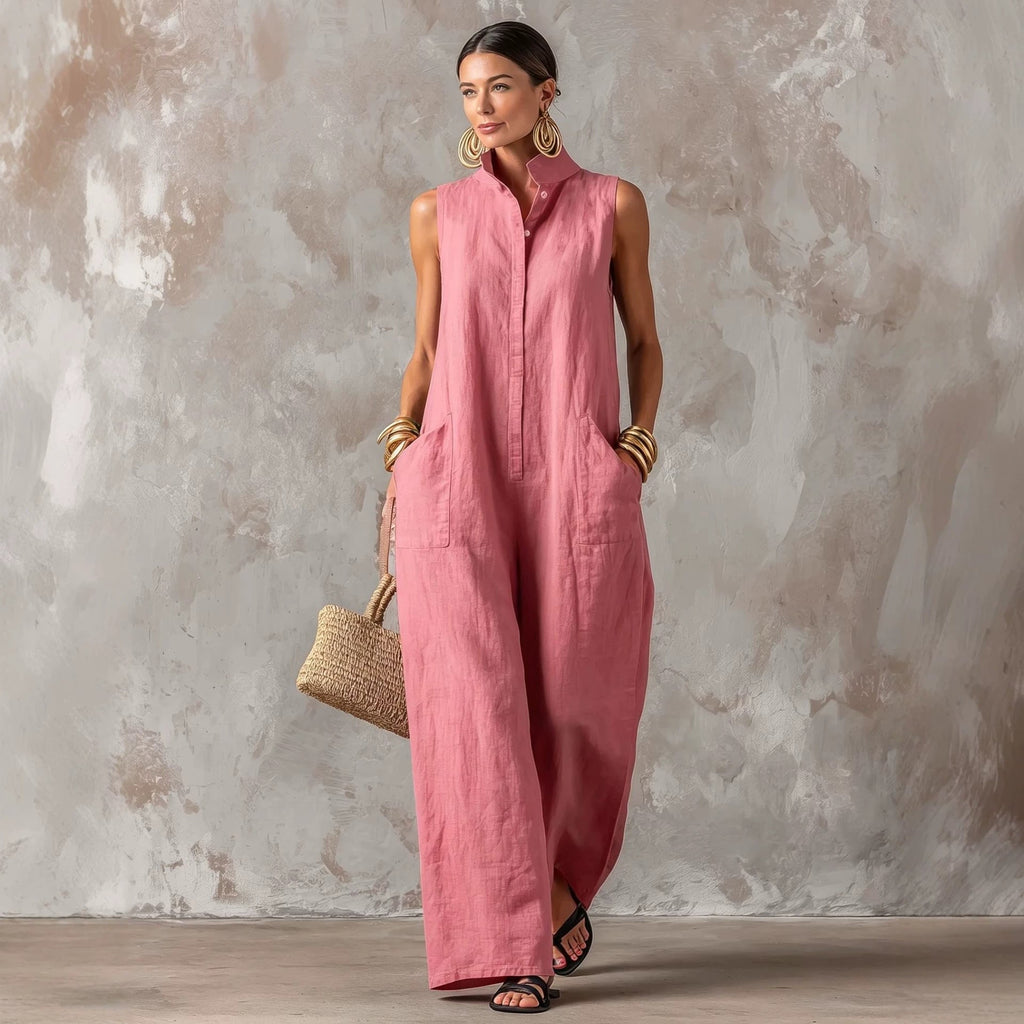 Linen blend sleeveless stand-collar jumpsuit by FitiqueFit in five colors, showing front view with relaxed fit and stylish design.