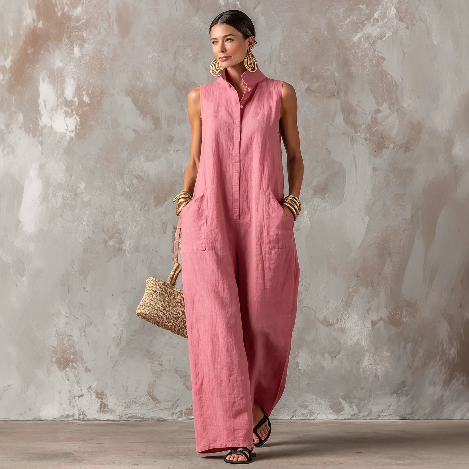 Linen blend sleeveless stand-collar jumpsuit by FitiqueFit in five colors, showing front view with relaxed fit and stylish design.