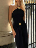 Backless Ruched Halter Neck Maxi Dress