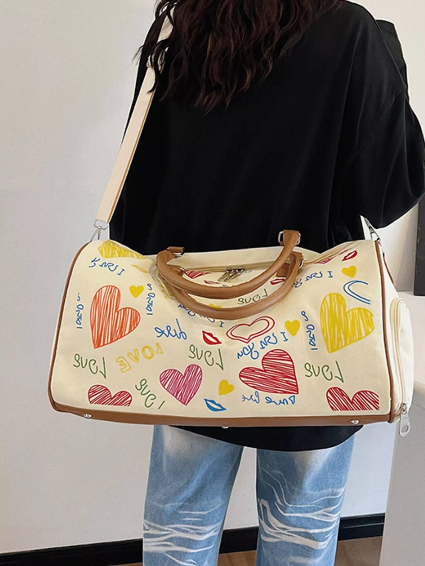 Printed Shopimist duffel bag with adjustable strap, featuring a stylish design and spacious interior for travel or gym use.