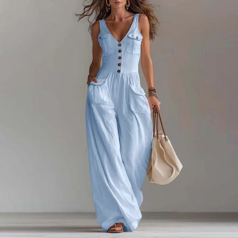 Eprolo V-neck button-front vest jumpsuit, stylish sleeveless romper with front buttons and waist tie, casual and versatile.