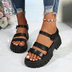 Women's open toe platform mid-heel sandals in premium PU leather with stylish design and trendy mid-height heel.