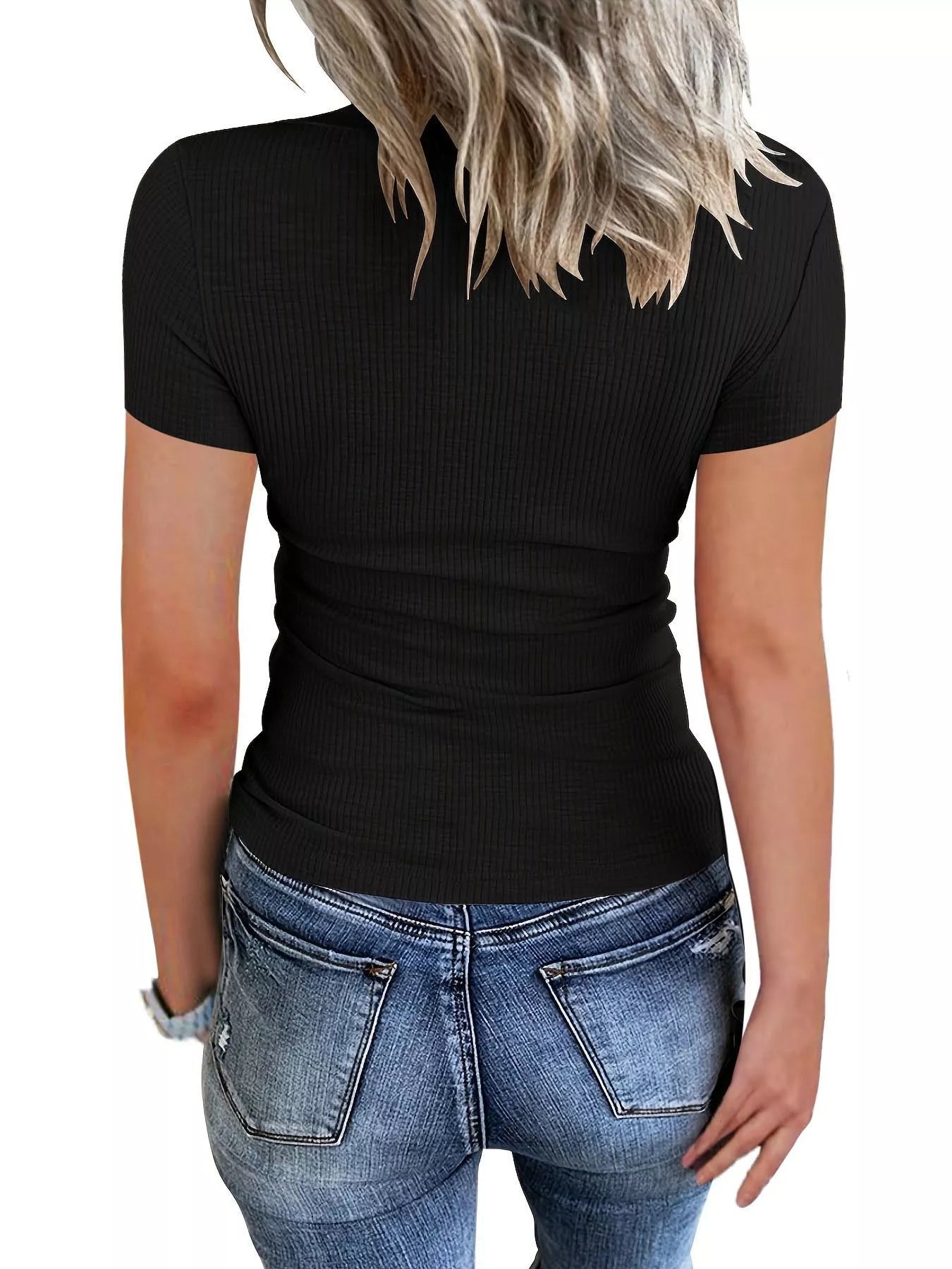 Ribbed knit T-shirt with button detail by Plush Fashion Hub, featuring a fitted design and textured fabric in neutral tones.