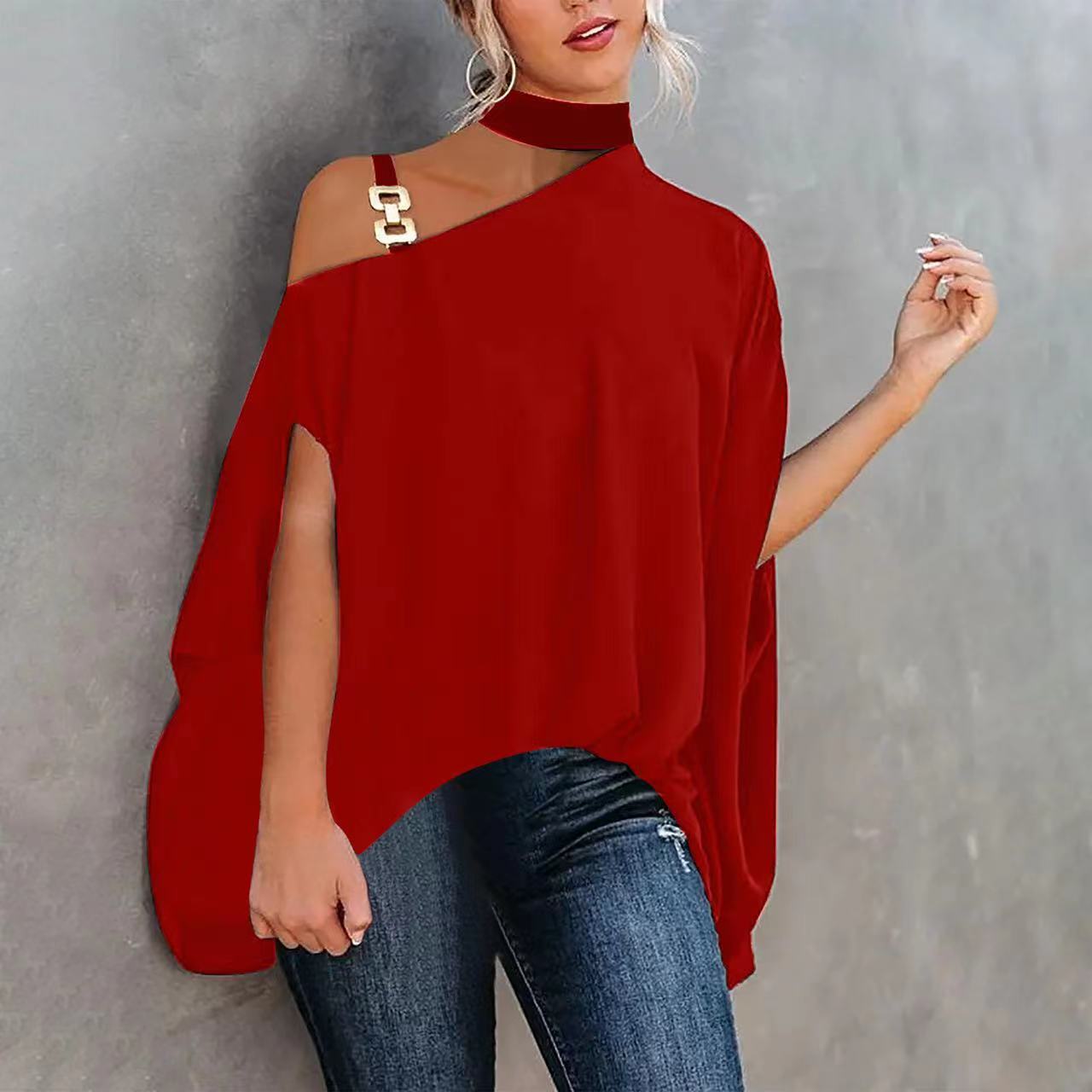 Women's one-shoulder printed T-shirt by Plush Fashion Hub, casualwear with a stylish one-shoulder design and colorful print.