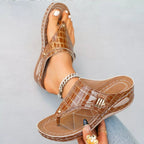Shopimist toe post wedge sandals with tan leather straps and cork wedge heel, perfect for casual summer wear.