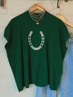 Women's ribbed knit short sleeve sweater with horseshoe graphic by Plush Fashion Hub, featuring a cozy ribbed texture.