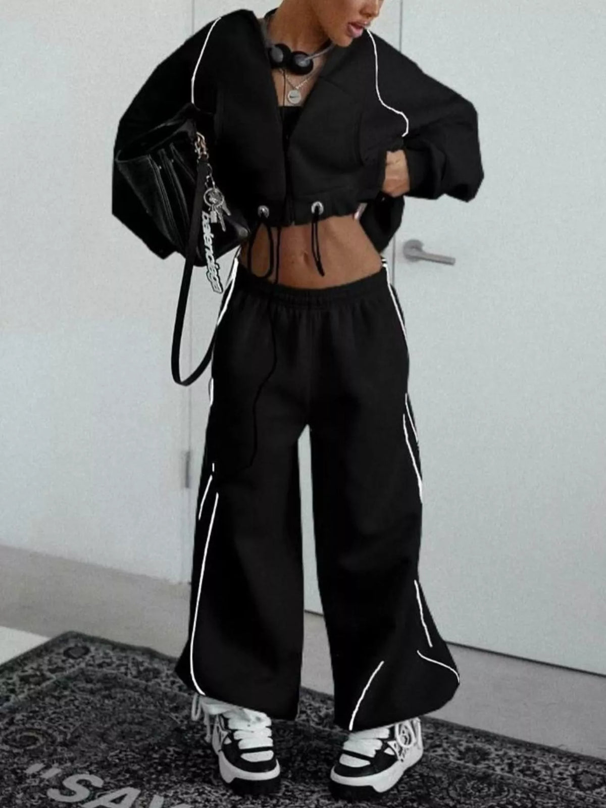 Trendsi cropped zip-up hoodie and wide-leg sweatpants lounge set, soft fabric, casual fit, and stylish for comfortable wear.