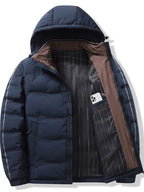 Men's plus size warm padded hooded winter puffer jacket by Shopimist, featuring a quilted design and front zipper closure.