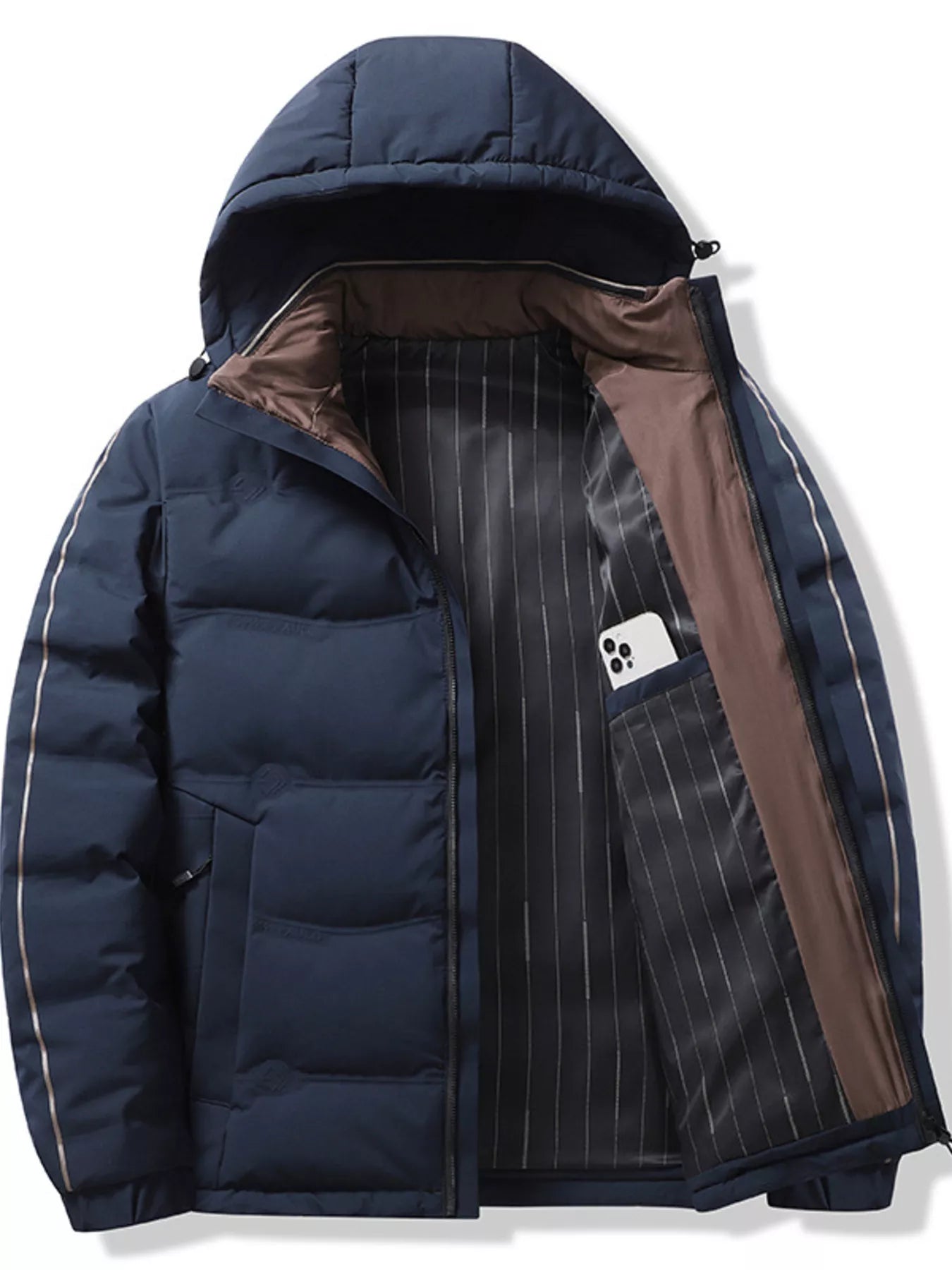 Men's plus size warm padded hooded winter puffer jacket by Shopimist, featuring a quilted design and front zipper closure.