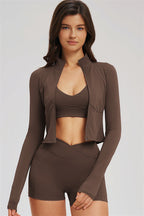 Fitglutes Activewear sports bra, zip jacket, and shorts 3-piece set, perfect for workouts and activewear.