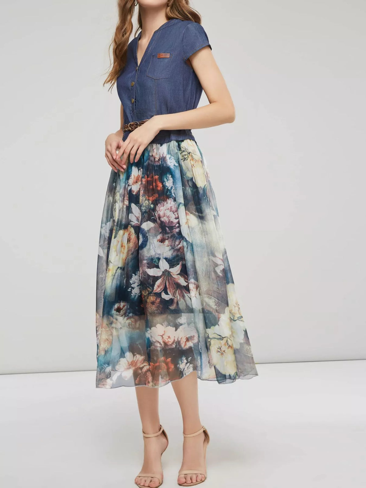 Plus size full chiffon patchwork floral print dress by Plush Fashion Hub, featuring a flowy fabric and vibrant floral design.