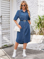 VYSN button-up dropped shoulder denim dress with long sleeves and front pockets, casual stylish clothing for women.