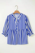 Shopimist stripe balloon sleeve loose button-up shirt with a relaxed fit and stylish design, shown on a hanger.