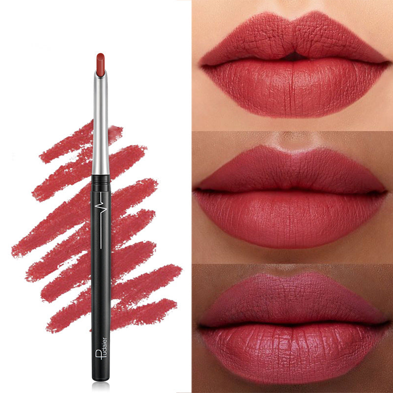 Matte red lipstick pen with a black plastic body, shown with swatches and applied on diverse lips.