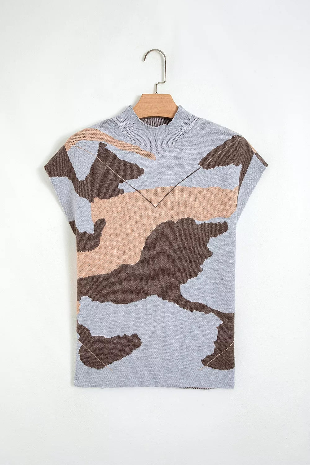 Camouflage drop shoulder high neck short sleeve shift sweater by Plush Fashion Hub, featuring a stylish camouflage pattern and relaxed fit.