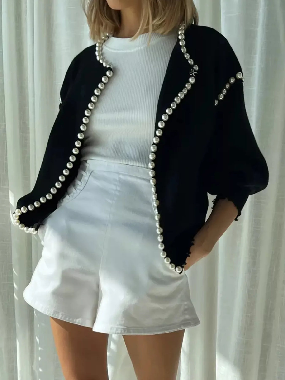 Pearl-trimmed open front women's cardigan by Trendsi, soft knit with elegant pearl accents, perfect for casual or dressy wear.