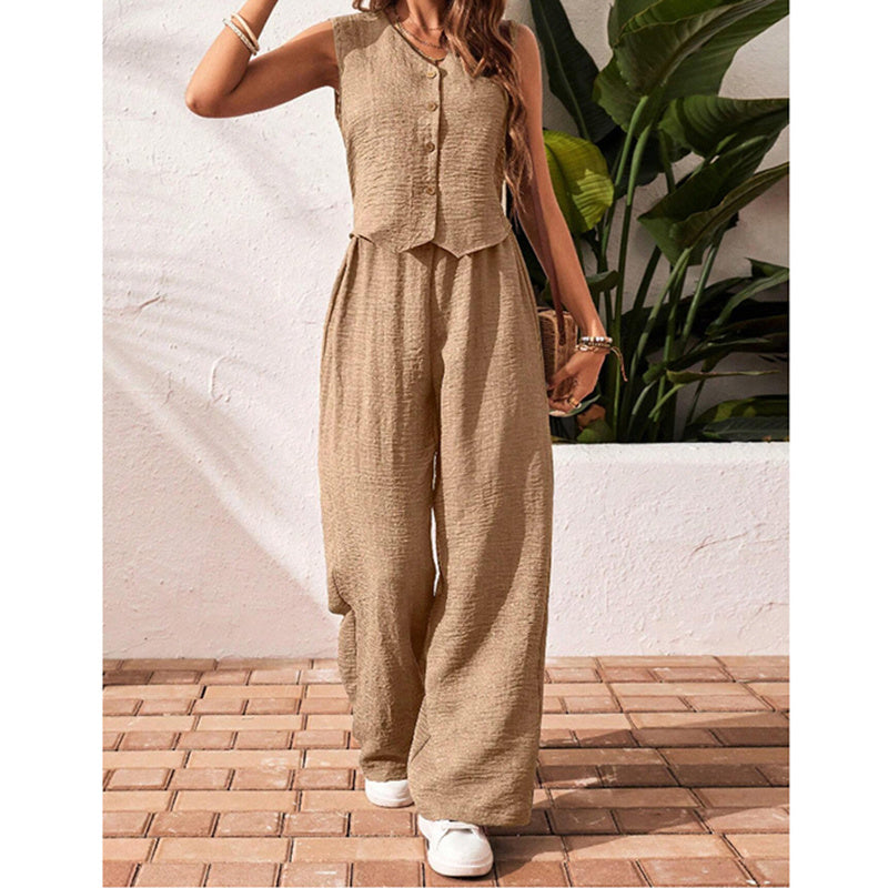 Women’s crop vest blazer and wide-leg pants set by Plush Fashion Hub, casualwear outfit with tailored blazer and flowing pants.