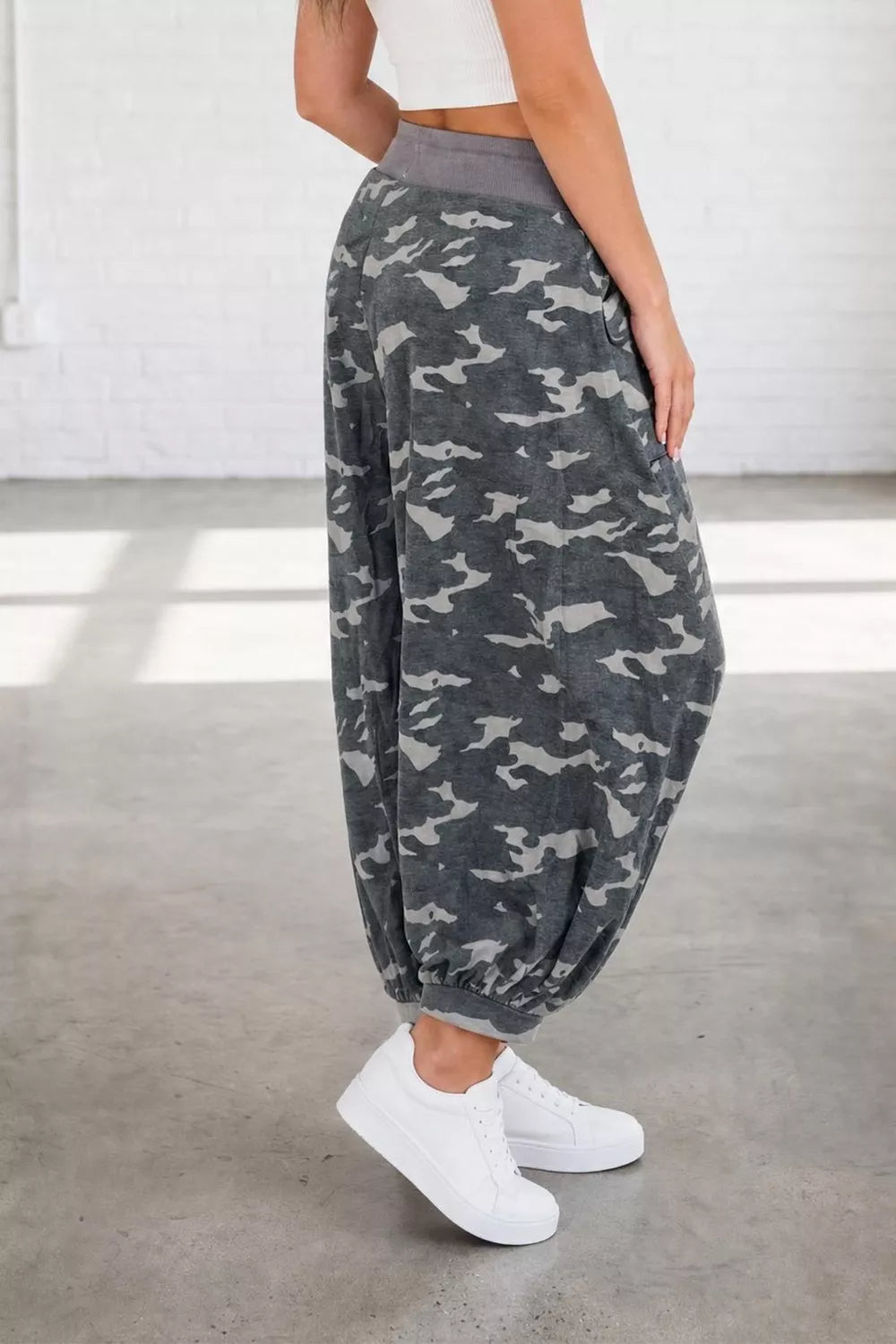 Multicolour camouflage cargo barrel pants with contrast waistband and drawstring, designed by Plush Fashion Hub.