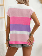 Women's striped notched neck short sleeve knit sweater by Trendsi, featuring a casual chic style with a fitted silhouette.