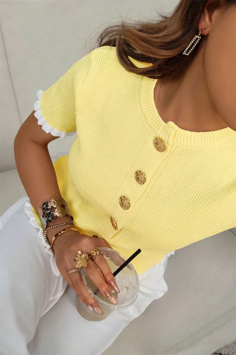 Ribbed knit contrast frilled short sleeve sweater cardigan by Plush Fashion Hub, featuring ribbed texture and stylish frill details.