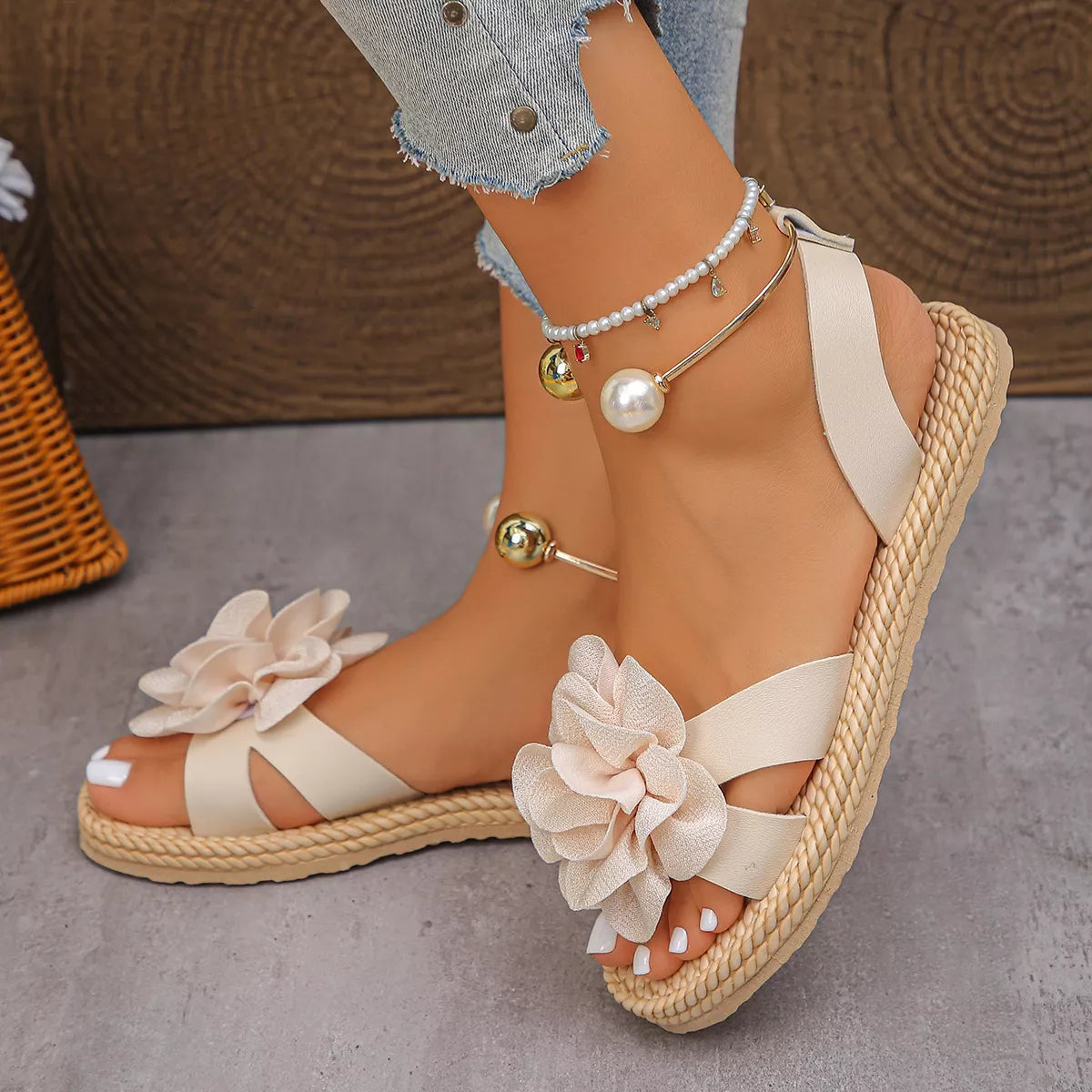 Plush Fashion Hub flower open toe sandals with floral design, featuring comfortable slip-on style and stylish footwear for warm weather.