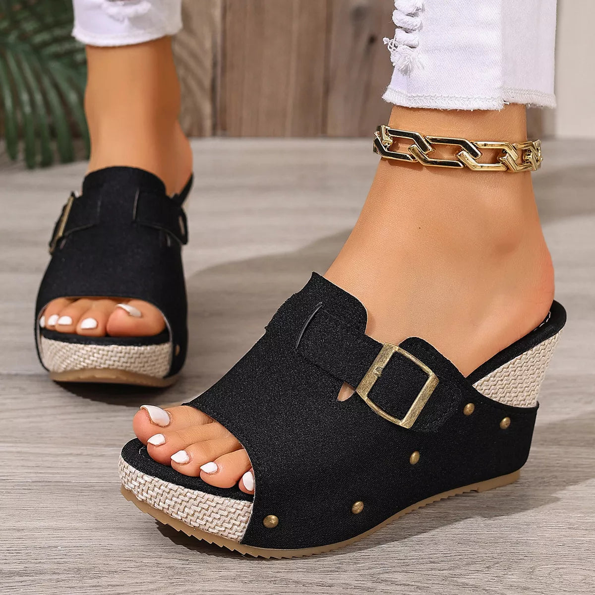 Open toe wedge sandals by Plush Fashion Hub featuring stylish design and comfortable heel, perfect for warm-weather outfits.