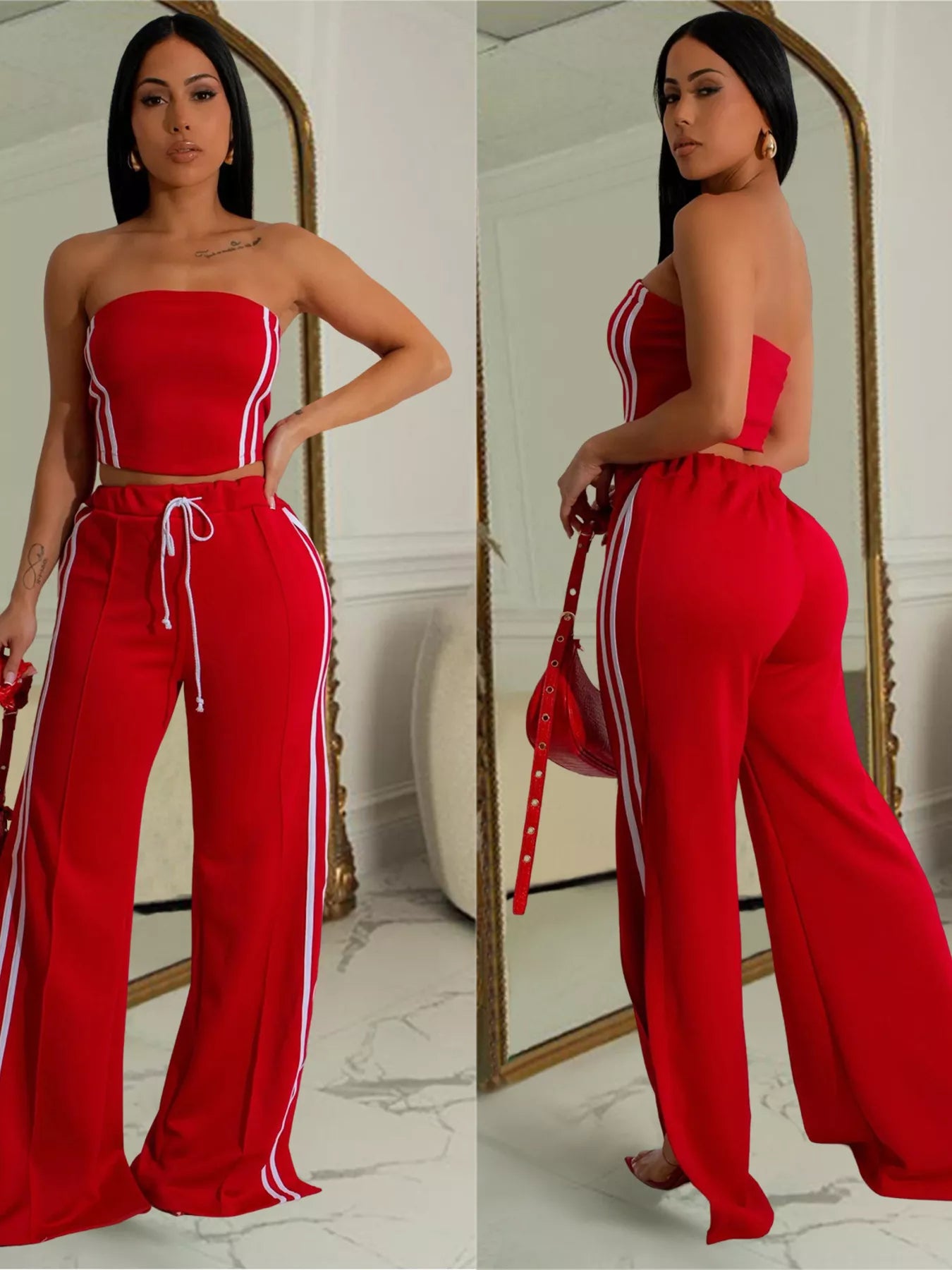 Trendsi sleeveless tube top and wide leg pants set, featuring a fitted tube top and flowy wide-leg pants in stylish fabric.