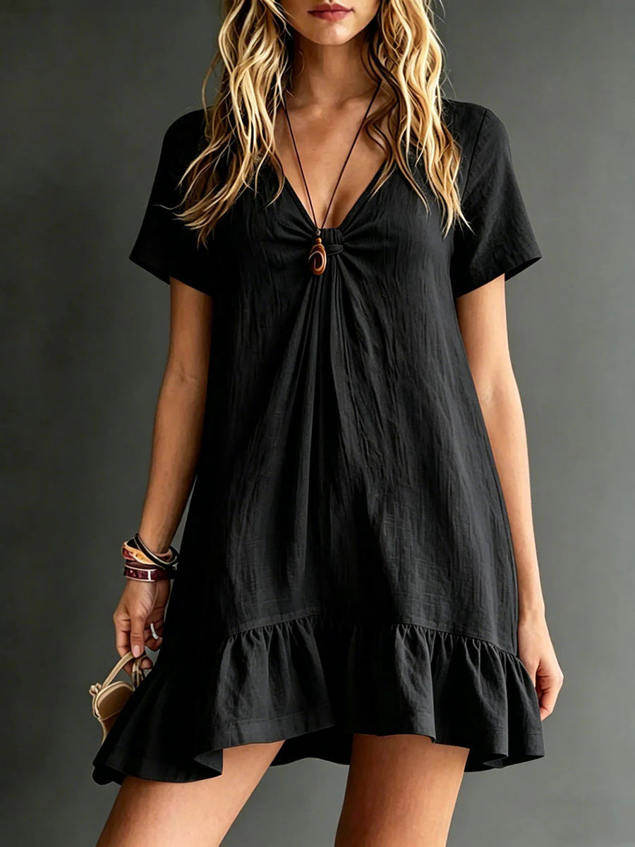 Women's FitiqueFit ice silk crepe V-neck short-sleeve midi dress with a loose, casual fit, ideal for comfortable summer wear.