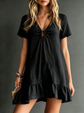 Women's FitiqueFit ice silk crepe V-neck short-sleeve midi dress with a loose, casual fit, ideal for comfortable summer wear.