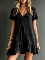 Women's FitiqueFit ice silk crepe V-neck short-sleeve midi dress with a loose, casual fit, ideal for comfortable summer wear.