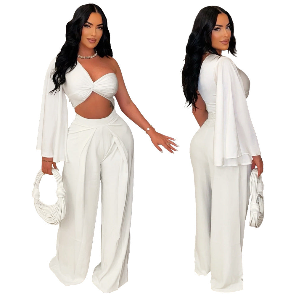 Asymmetrical Pleated One-Shoulder Top & Trouser Set