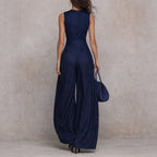 Women's navy blue striped sleeveless wide-leg jumpsuit by FitiqueFit, featuring a high-waist French style design.