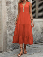 Ivy Lane women's sleeveless cotton dress with notched neckline and button-down front, casual summer dress from Trendsi.