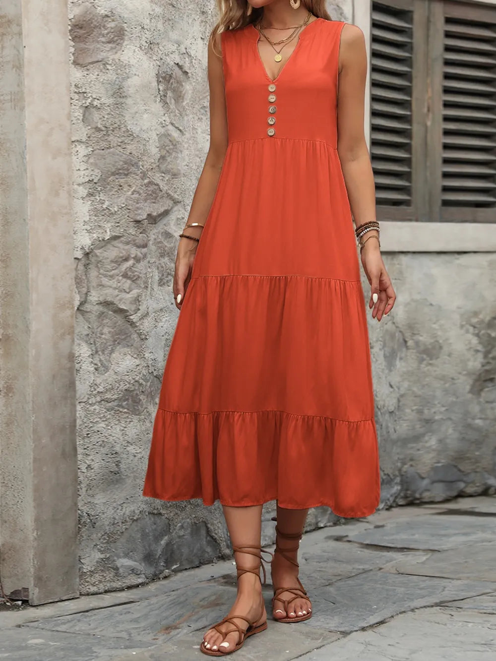 Ivy Lane women's sleeveless cotton dress with notched neckline and button-down front, casual summer dress from Trendsi.