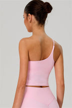 Fitglutes activewear one-shoulder crop top and shorts 2-piece set, stylish gymwear for workout and sports activities.
