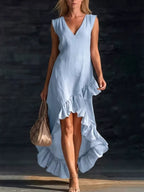 Plus size high-low V-neck dress with ruffle hem, trendy full-size Trendsi high-low dress for elegant, casual wear