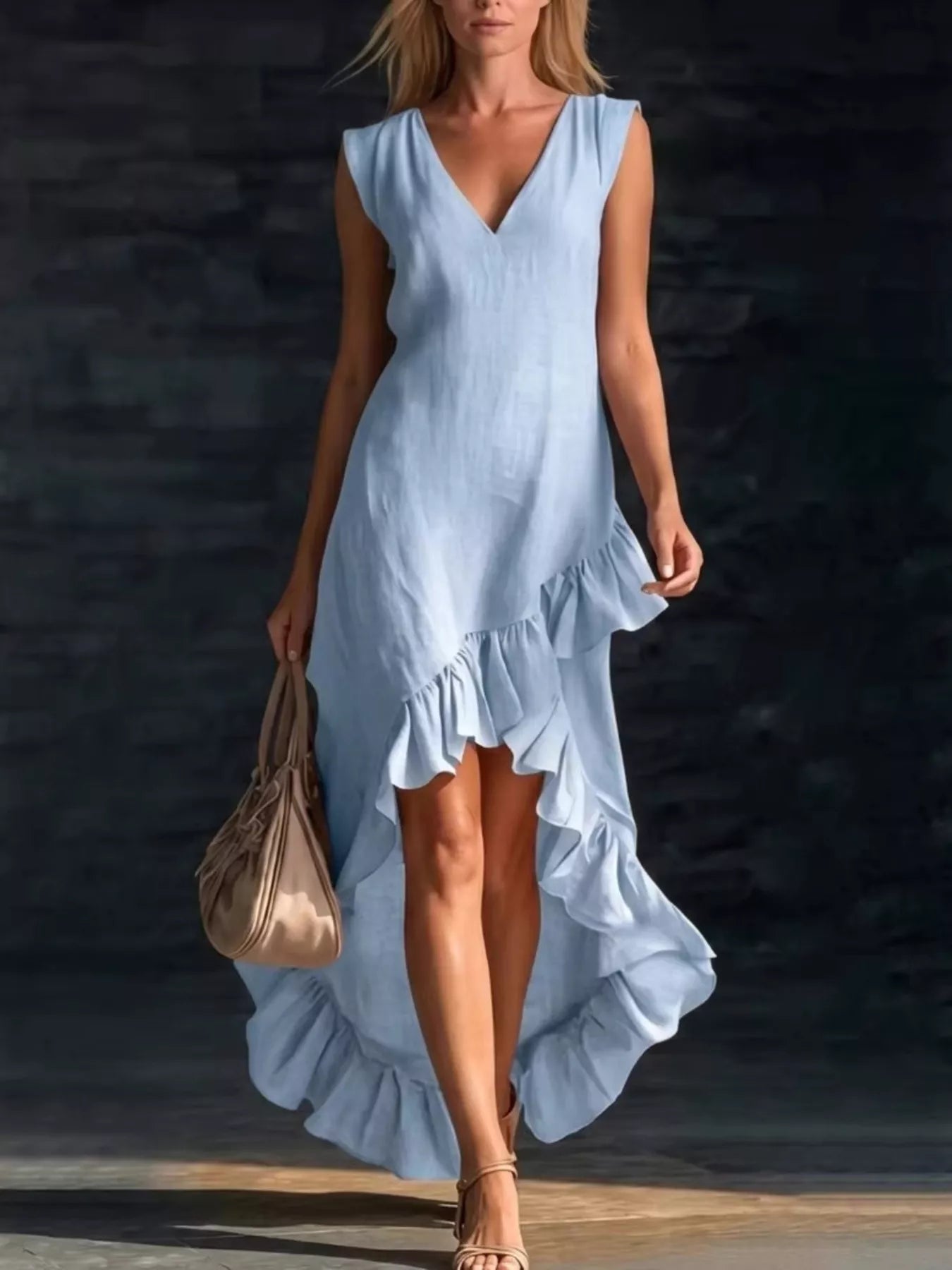 Plus size high-low V-neck dress with ruffle hem, trendy full-size Trendsi high-low dress for elegant, casual wear